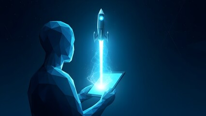 Futuristic robotic hand holding a glowing digital rocket launch on transparent background isolated on transparent background
