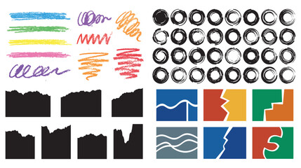 Obraz premium Hand Drawn Brush Strokes, Scribbles, Textured Circles, Torn Edges and Abstract Shape Vector Set