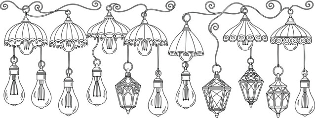 Vector Collection of 32 Colorful Flat Icons for Ramadan Kareem Featuring Mosque Silhouettes Crescent Moons Holy Quran Prayer Rugs and Traditional Lanterns on a White Background