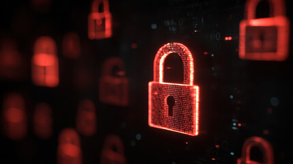 Cybersecurity digital lock data protection network security cyber defense encryption firewall risk safety privacy glowing red padlock symbol over