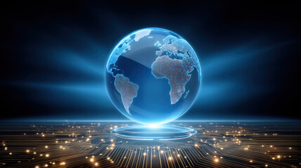 Blue holographic globe hovering above illuminated circuit board platform, futuristic digital network and glowing data