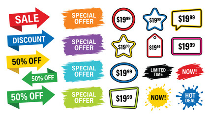 Obraz premium Sale Badges, Discount Arrows and Price Tags Vector Set