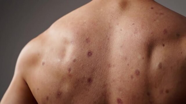 Close-up of a bare back displaying numerous red and brown skin blemishes