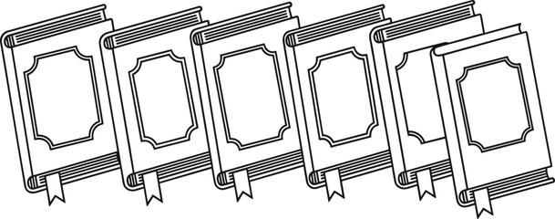 Vector Collection of Six Detailed Line Art Books Featuring Ornate Decorative Covers and Bookmarks for Islamic Holy Quran Library and Education Design