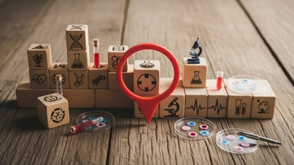Medical science concept with wooden blocks and lab tools