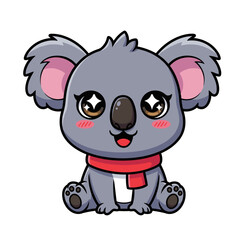 Fototapeta premium Cute cartoon koala wearing red scarf sitting on white background