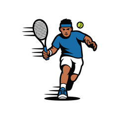 Cartoon tennis player, hitting a backhand stroke with motion lines on white background