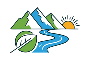  Nature Landscape Vector Illustration with Mountains, River, Rising Sun, and Leaf - Ecology, Environment, and Outdoor Adventure Concept