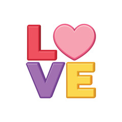 Colorful LOVE word text with pink heart replacing letter O vector illustration icon isolated