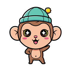 Fototapeta premium Cute cartoon monkey in green hat with yellow pom pom standing happy