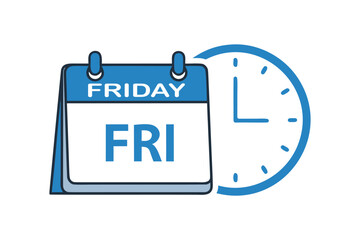 Friday Calendar and Clock Icon ,Time Management, Planning and Weekly Schedule Blue Vector Illustration