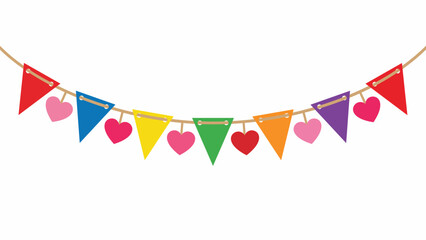 Colorful party bunting banner with rainbow flags and hanging hearts vector illustration isolated on white background