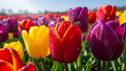 Colorful tulip field with vibrant red, purple, and yellow blossoms under bright sunlight