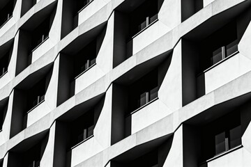 Black and white architectural facade with geometric balconies and repetitive window patterns
