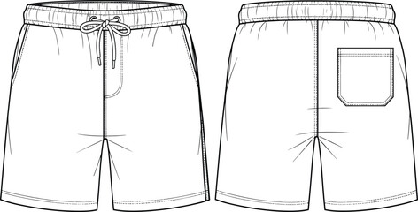 Vector Fashion Flat Sketch of Men's Casual Drawstring Shorts Featuring an Elastic Waistband Front Slant Pockets and a Single Square Back Pocket for Apparel Design Template