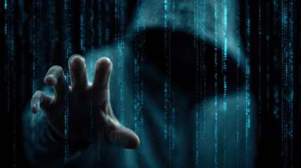 Hooded hacker cyber security threat data breach concept hood shadow hand reaching digital code matrix background dark atmosphere tension