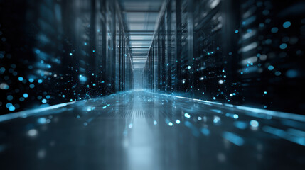 Data center corridor network technology digital connection futuristic server hallway glowing particle, data center corridor network technology