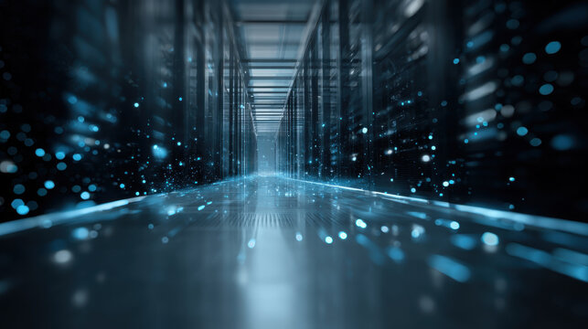 Data center corridor network technology digital connection futuristic server hallway glowing particle, data center corridor network technology - Powered by Adobe