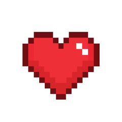 Red pixel heart vector illustration icon in 8-bit retro video game style isolated