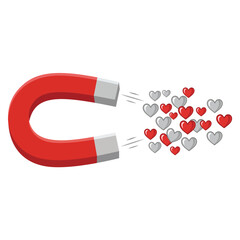 Red horseshoe magnet attracting a cloud of red and silver hearts vector illustration concept of finding love isolated
