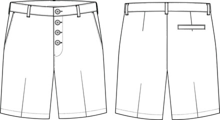 Vector Fashion Flat Sketch of Men's Chino Shorts Featuring a Four-Button Fly Waistband with Belt Loops Slanted Front Pockets and a Single Back Welt Pocket for Apparel Design Template