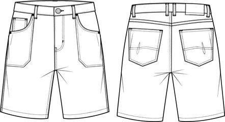 Vector Fashion Flat Sketch of Men's Denim Style Shorts Featuring a Fixed Waistband with Belt Loops Five-Pocket Construction and Detailed Topstitching for Apparel Design Template