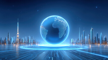 Globe digital city skyline futuristic hologram network hub glowing blue sphere connecting world