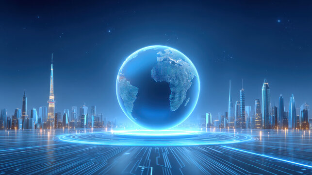Globe digital city skyline futuristic hologram network hub glowing blue sphere connecting world - Powered by Adobe