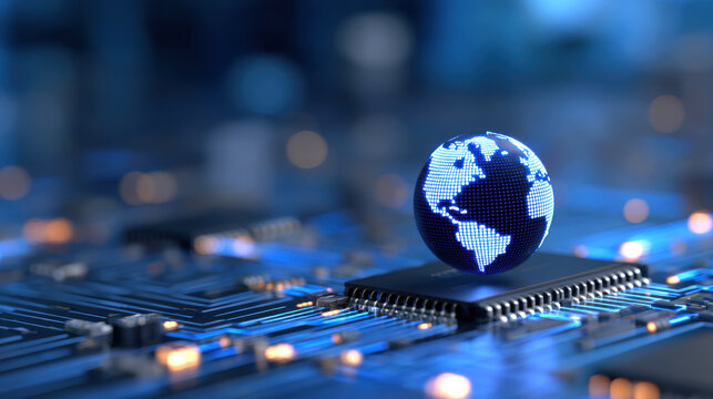 Digital globe of Earth glowing above microchip on circuit board, futuristic technology and global data network visualization - Powered by Adobe