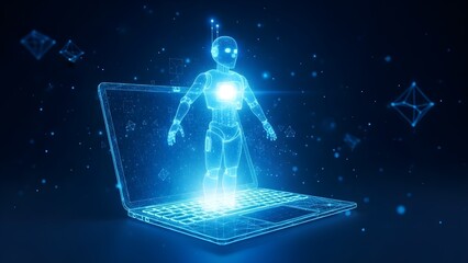 Futuristic humanoid figure emerging from a glowing laptop screen isolated on transparent background