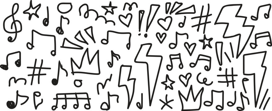 Hand drawn musical notes and abstract artistic doodle elements collection