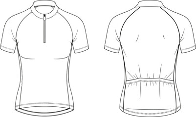 Vector Fashion Flat Sketch of Men's Performance Cycling Jersey Featuring a Stand Collar Quarter Zip Raglan Short Sleeves and Triple Back Pockets for Apparel Design Template