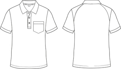 Vector Fashion Flat Sketch of Men's Raglan Polo Shirt Featuring a Classic Ribbed Collar Three-Button Placket and Single Chest Patch Pocket for Apparel Design Template