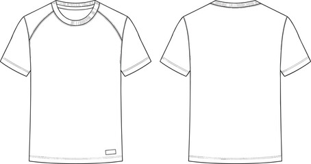 Vector Fashion Flat Sketch of Men's Raglan Sleeve T-Shirt Featuring a Crew Neckline Contrast Binding and Small Rectangular Brand Label Detail on Front and Back Views
