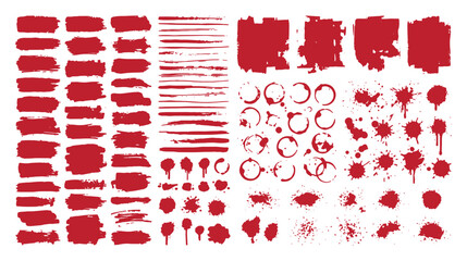 Set of red paint brush strokes, grunge textures, splatters, drips and abstract ink elements vector.