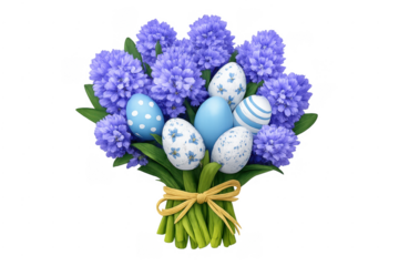Easter eggs bouquet with purple spring flowers