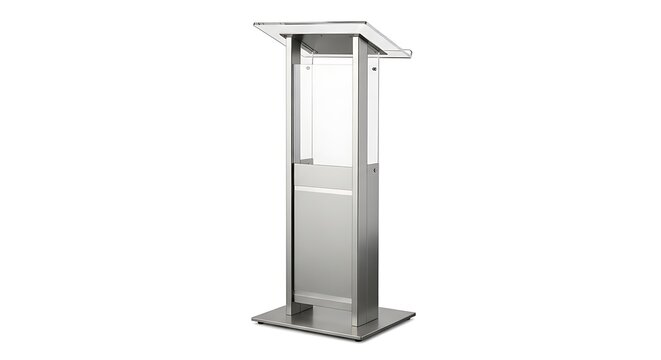 Sleek modern brushed metal and clear acrylic lectern podium with angled on white background stand