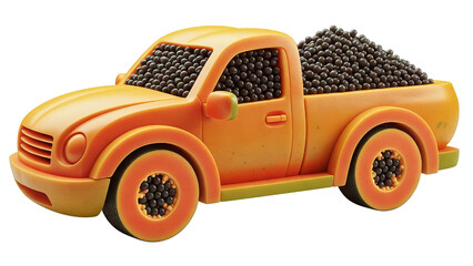 A toy pickup truck filled with black beans on a black background