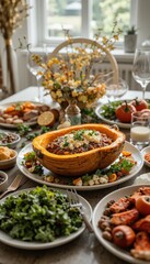 Healthy and colorful plant-based Thanksgiving meal featuring roasted squash and autumn vegetables in a bright, modern setting.