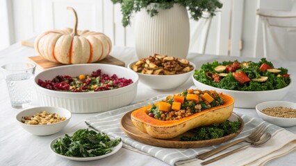 Healthy and colorful plant-based Thanksgiving meal featuring roasted squash and autumn vegetables in a bright, modern setting.