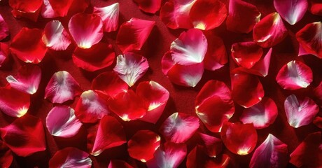 Red rose petals cover surface. Soft lighting creates romantic mood, vibrant colors present. Delicate textures visible.