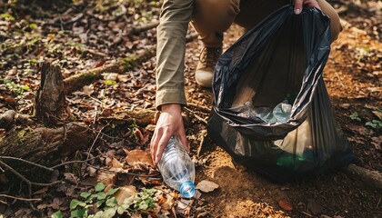 Fototapeta premium Person Cleaning Up Litter in Forest with Trash Bag.