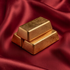 Asian finance symbol with Chinese Gold Ingot on Red Silk Background for Chinese New Year, Chinese Gold Ingot Symbol of Wealth and Prosperity, Chinese Gold  Luxury Festive finance concept