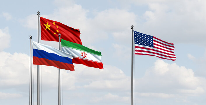 China Russia Iran Versus The USA as diplomatic flag symbols for trade partnerships and geopolitical cooperation as a summit meeting concept between Moscow Beijing and Tehran as a BRICS or alliance