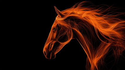 Fototapeta premium A fiery horse, with flames cascading from its mane and body, a symbol of power, energy, and untamed spirit against a backdrop of darkness.