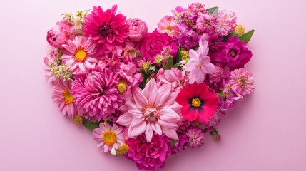 Obraz premium Vibrant heart shape made from pink flowers for romantic decor on a soft background in a naturally lit setting