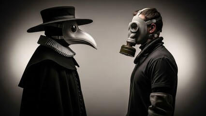 A plague doctor stands face to face with a man in a gas mask, a meeting of the past and the present
