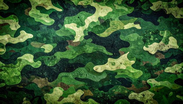 Bold textured camouflage pattern in dark green tones, featuring rugged abstract shapes