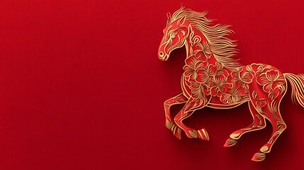 Obraz premium A stunningly artistic 3D rendering of a majestic horse, in a vivid golden hue, is set against a captivating red background. This art piece represents the strength and beauty.