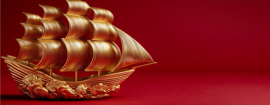 Asian business symbolism with Chinese New Year golden junk ship on red background, Chinese New Year golden junk ship wealth symbol, Chinese New Year golden junk ship luxury banner on red background 